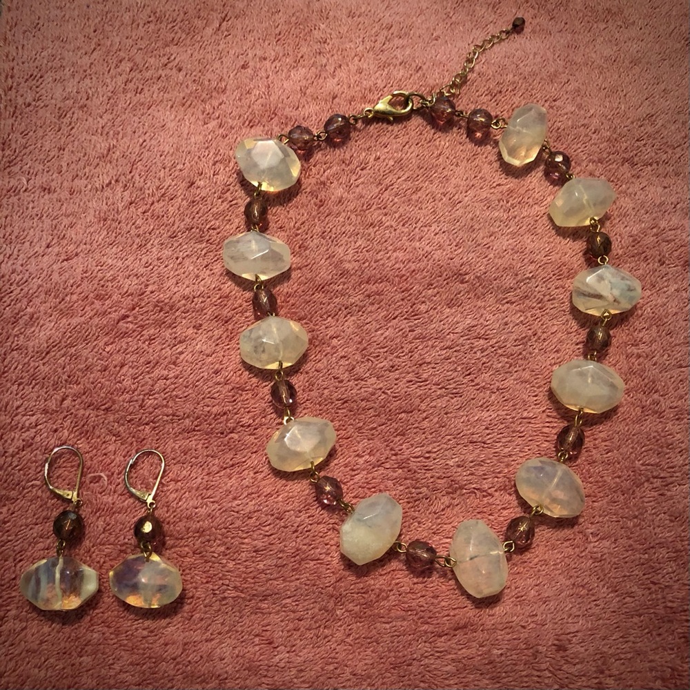 Vintage Frosted Crystal Beaded Iridescent Faux Moonstone Necklace & Earrings